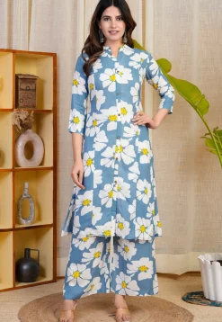 Digital Printed Rayon Co Ord Set in Blue