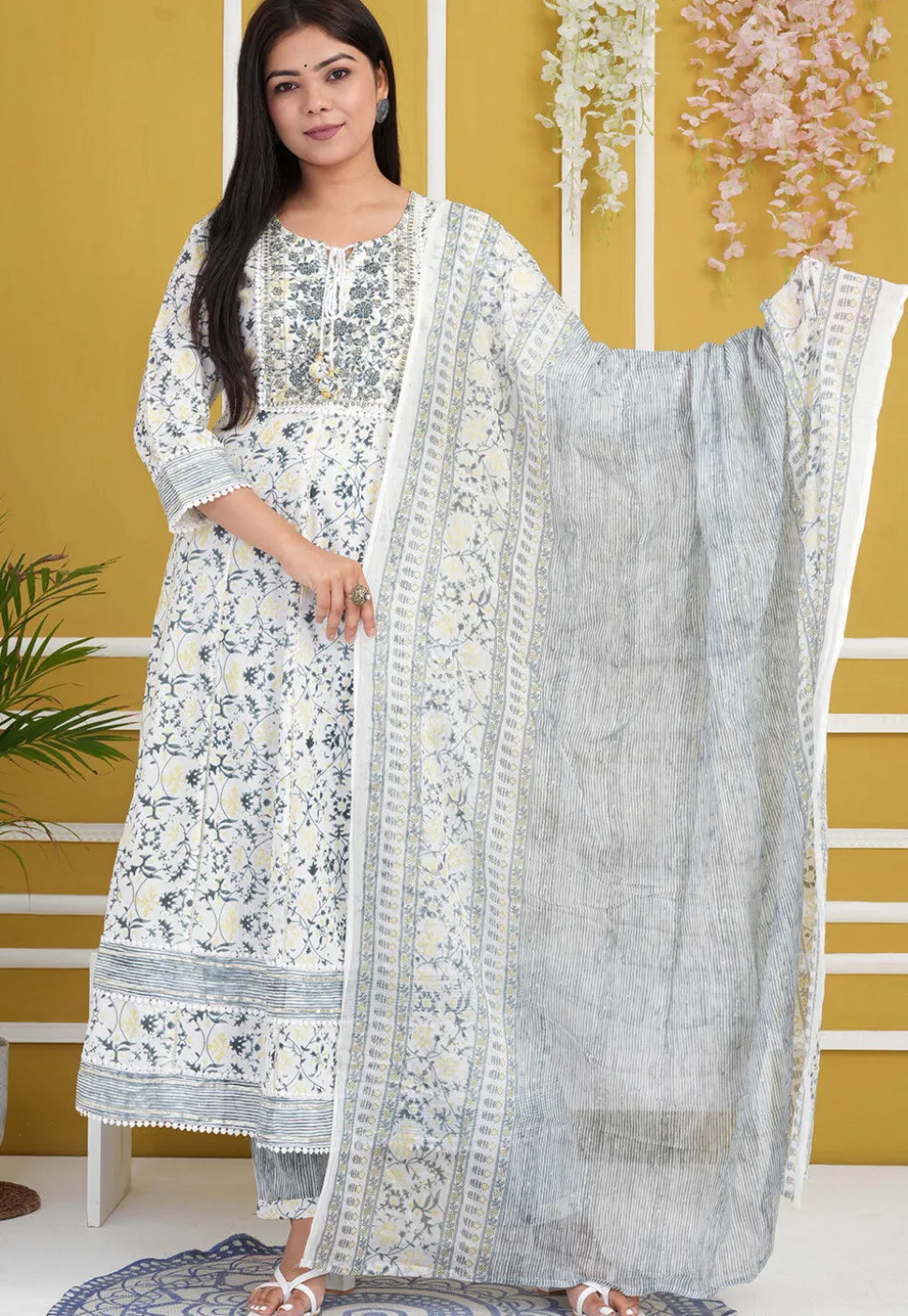 Digital Printed Rayon Cotton Anarkali Suit in Off White