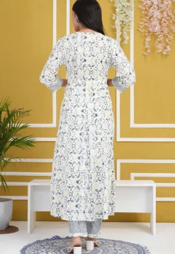 Digital Printed Rayon Cotton Anarkali Suit in Off White