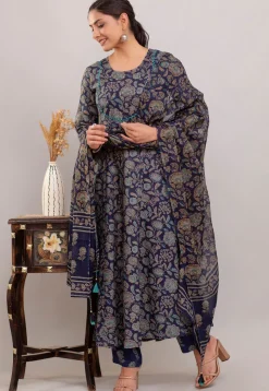 Digital Printed Rayon Cotton Anarkali Suit in Navy Blue