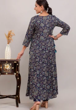 Digital Printed Rayon Cotton Anarkali Suit in Navy Blue