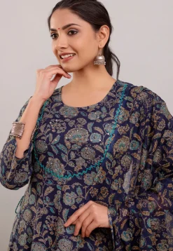 Digital Printed Rayon Cotton Anarkali Suit in Navy Blue
