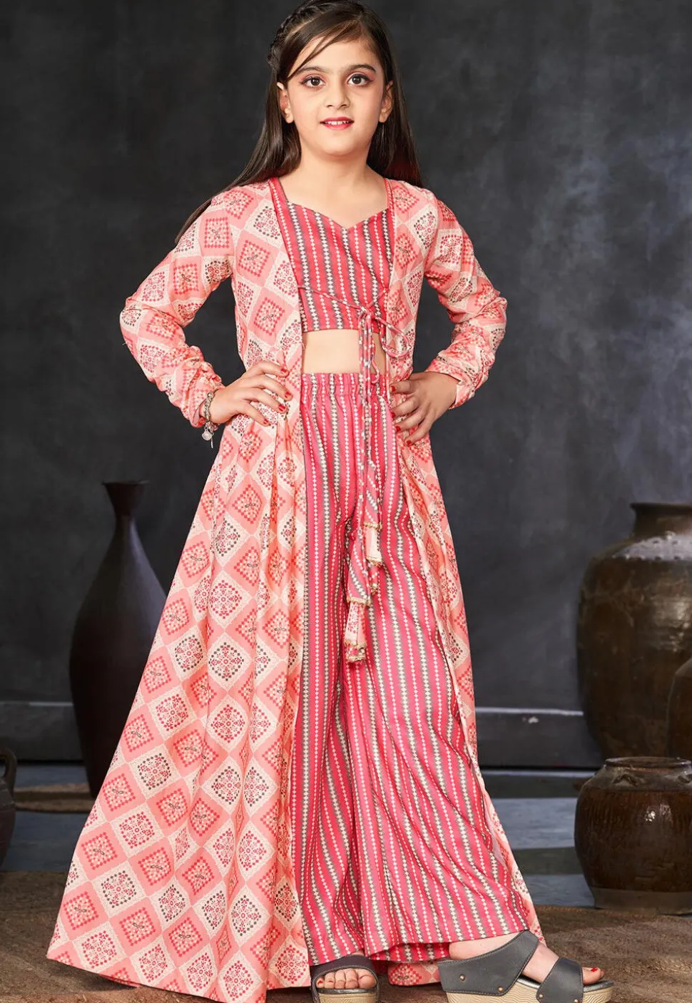 Digital Printed Rayon Crop Top Set in Pink