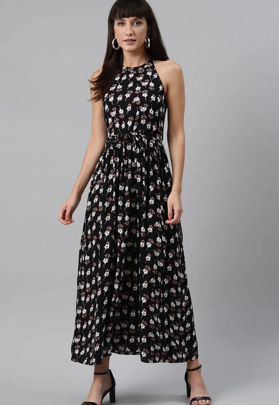 Digital Printed Rayon Dress in Black