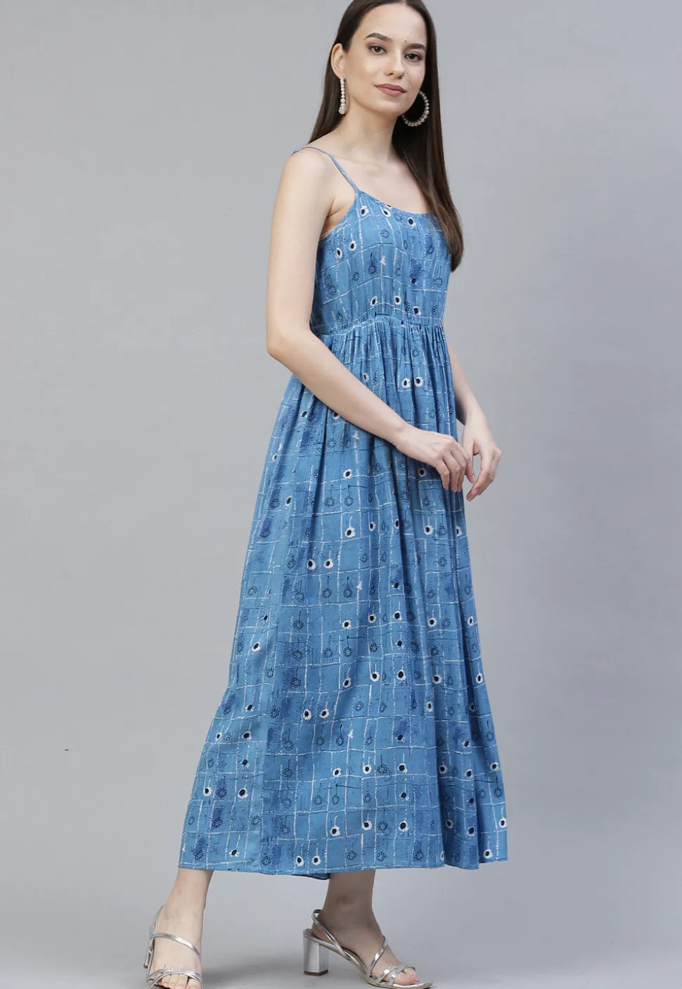 Digital Printed Rayon Dress in Blue