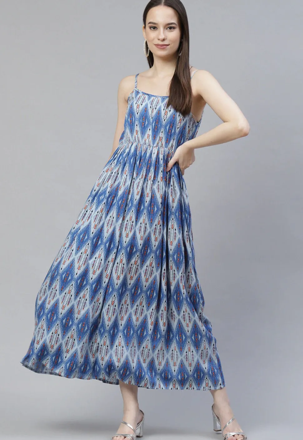 Digital Printed Rayon Dress in Blue