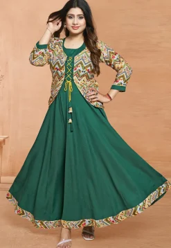 Digital Printed Rayon Gown in Green
