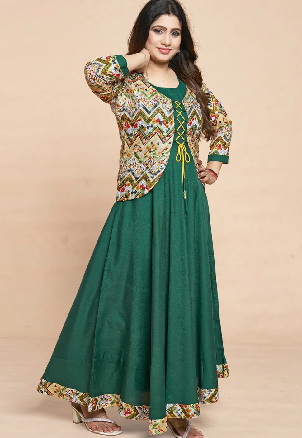 Digital Printed Rayon Gown in Green