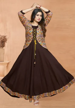 Digital Printed Rayon Gown in Brown
