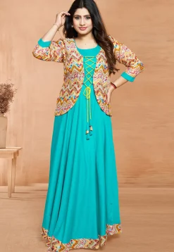 Digital Printed Rayon Gown in Turquoise