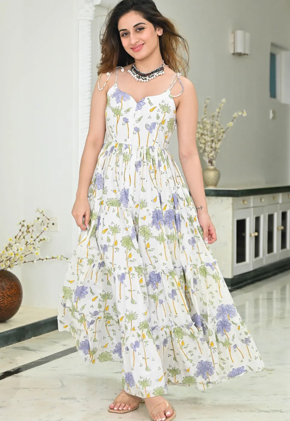 Digital Printed Rayon Gown in Off White