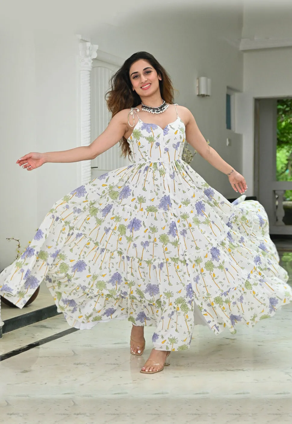 Digital Printed Rayon Gown in Off White