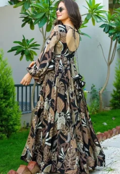 Digital Printed Rayon Gown in Black