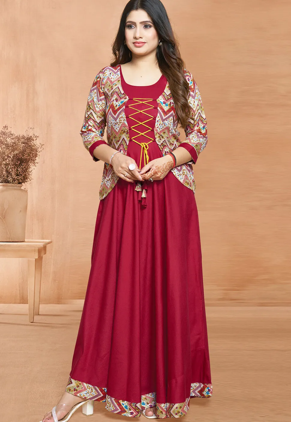 Digital Printed Rayon Gown in Red