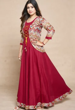 Digital Printed Rayon Gown in Red