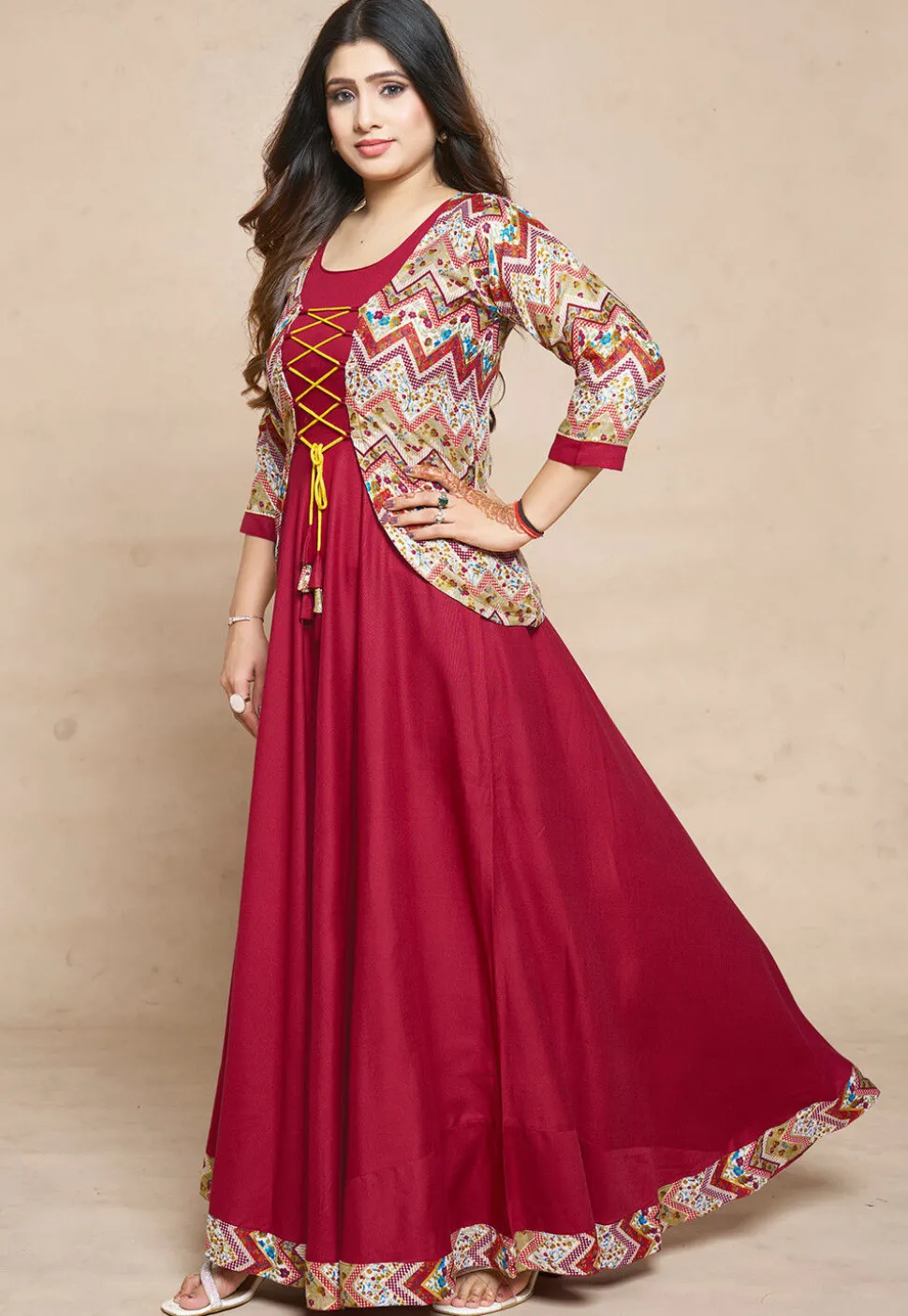 Digital Printed Rayon Gown in Red