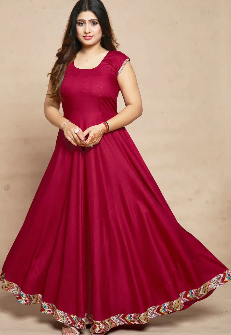 Digital Printed Rayon Gown in Red