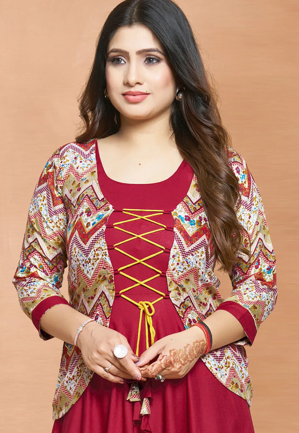 Digital Printed Rayon Gown in Red
