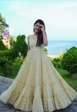 Digital Printed Rayon Gown in Cream