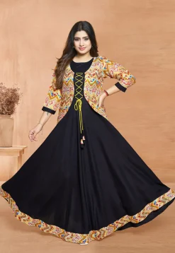 Digital Printed Rayon Gown in Black
