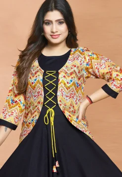 Digital Printed Rayon Gown in Black