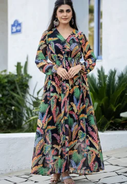 Digital Printed Rayon Gown in Black
