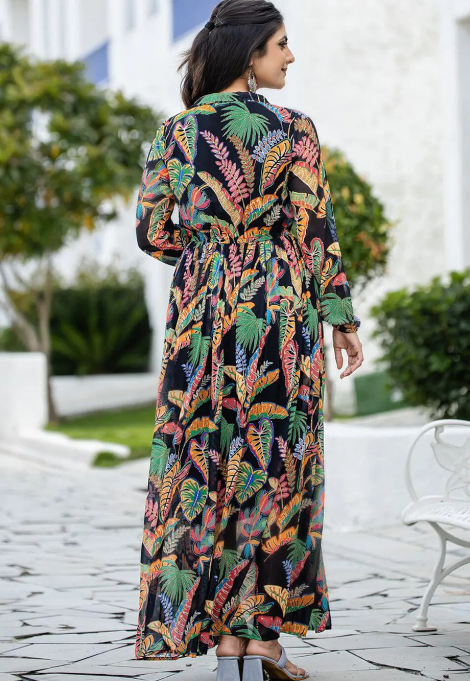 Digital Printed Rayon Gown in Black