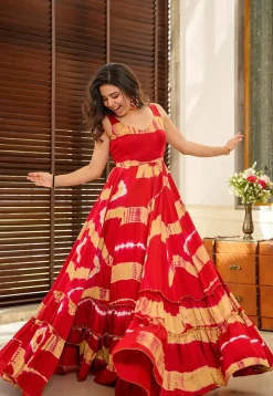 Digital Printed Rayon Gown in Red and Multicolor