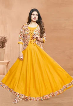 Digital Printed Rayon Gown in Yellow