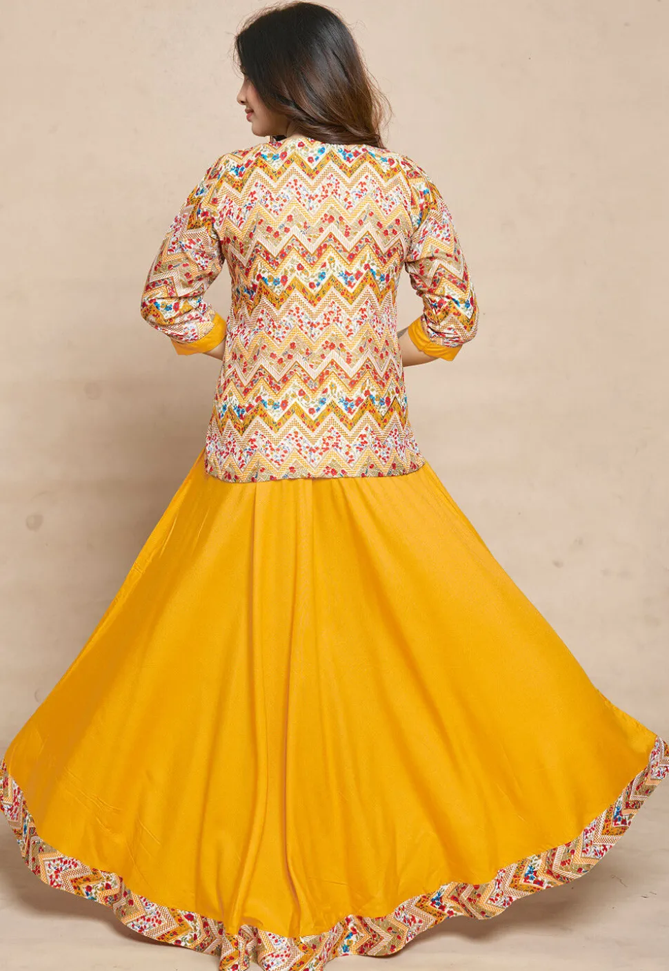 Digital Printed Rayon Gown in Yellow