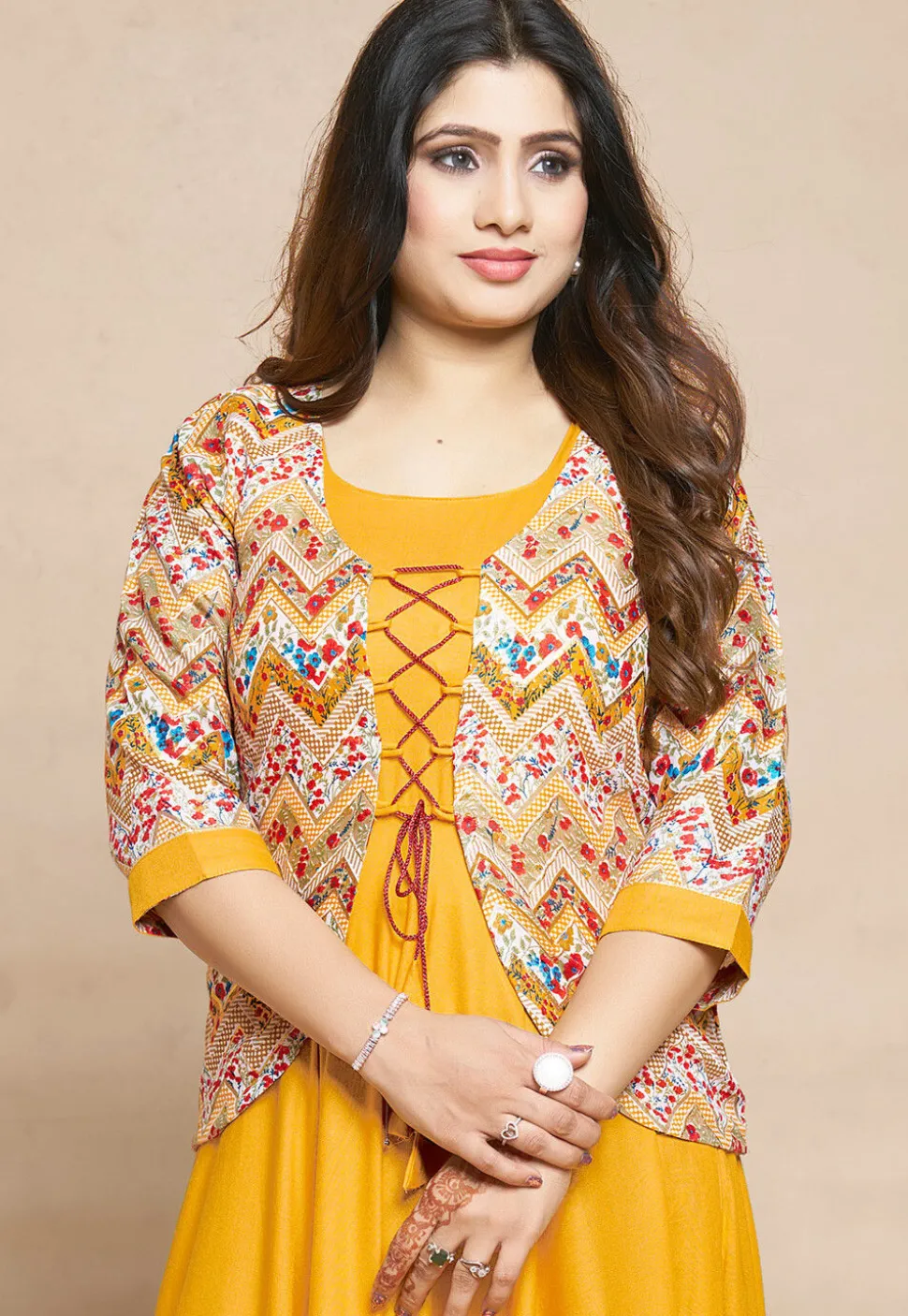 Digital Printed Rayon Gown in Yellow