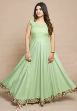 Digital Printed Rayon Gown in Pastel Green