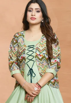 Digital Printed Rayon Gown in Pastel Green