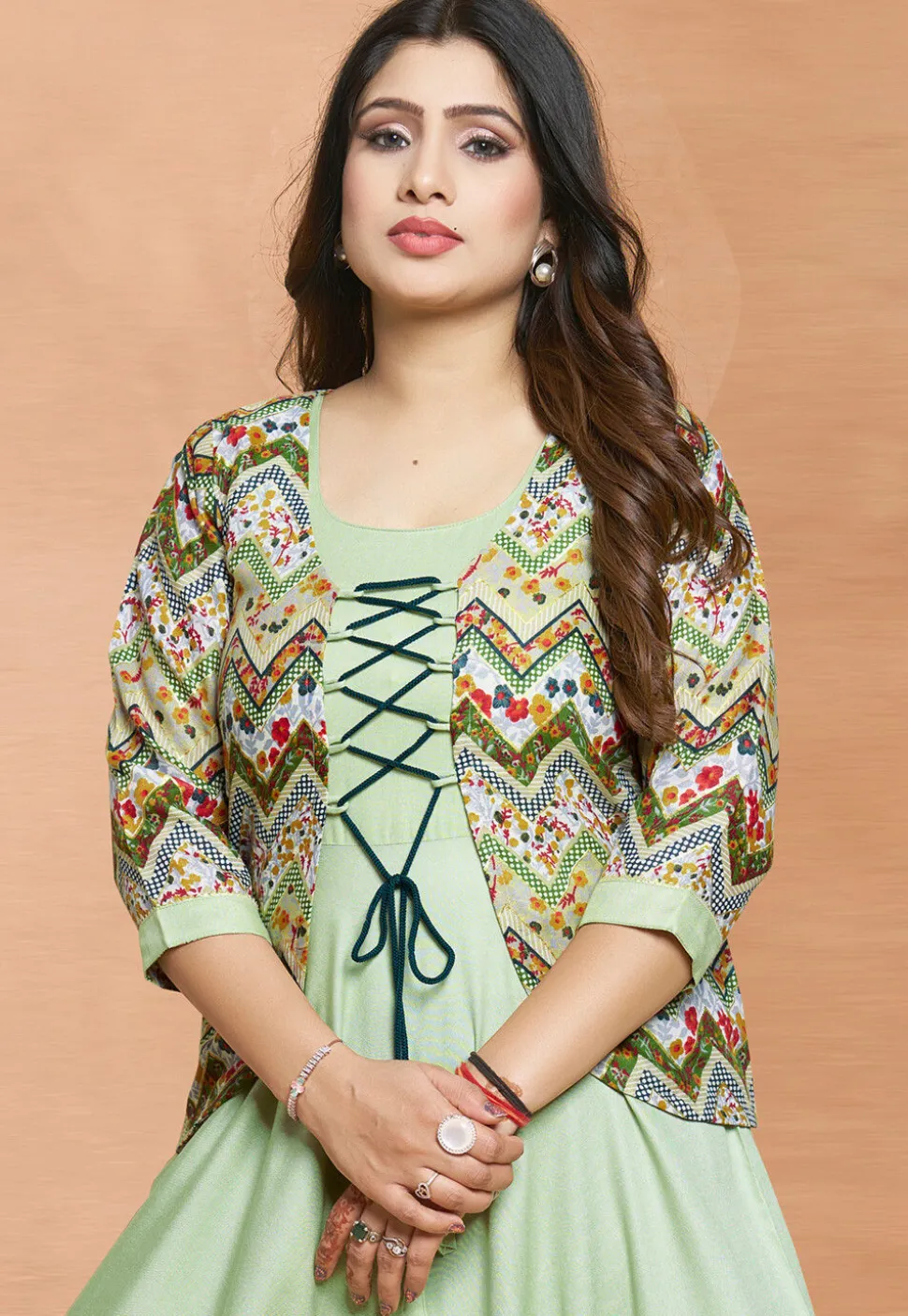 Digital Printed Rayon Gown in Pastel Green