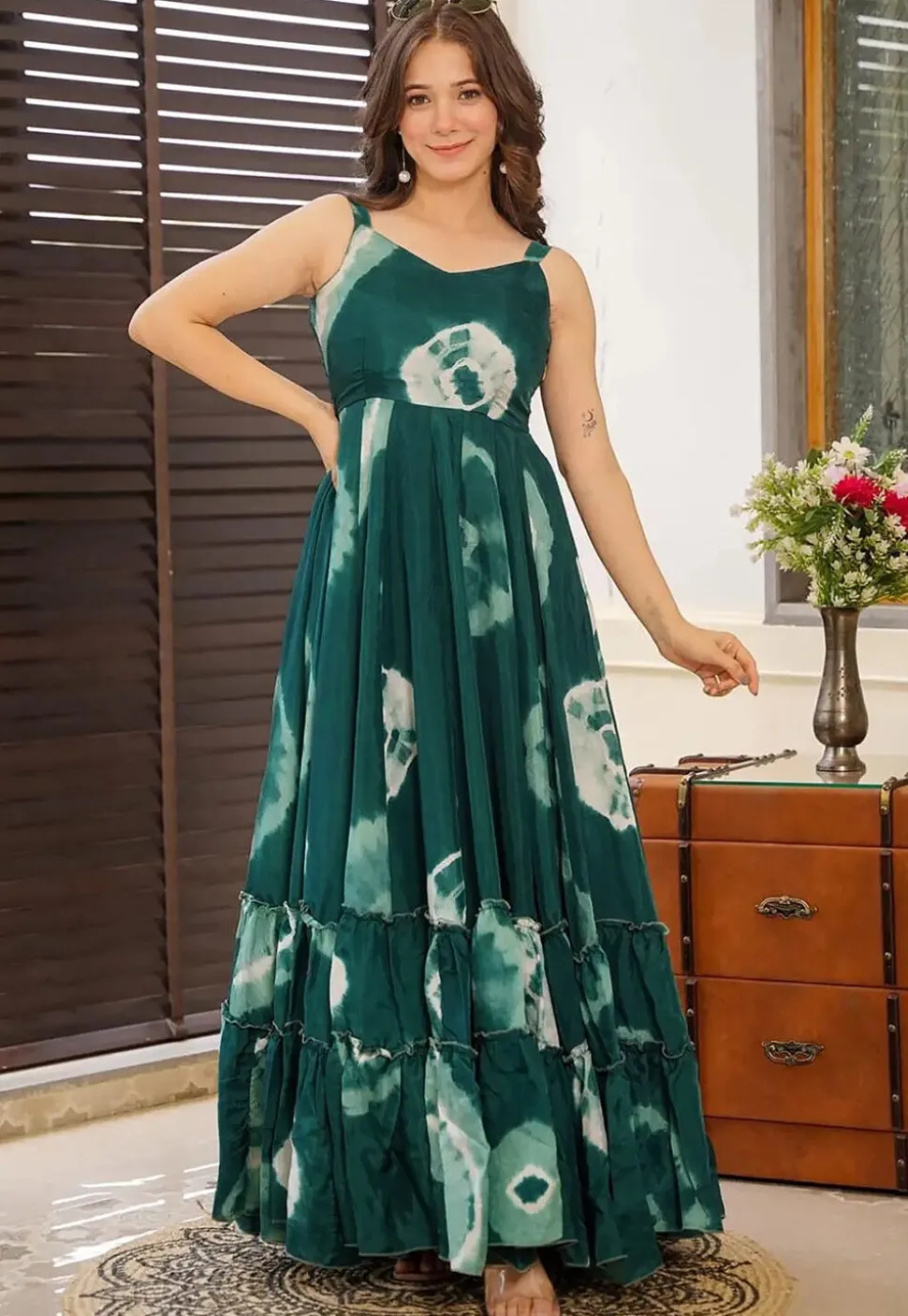 Digital Printed Rayon Gown in Green and Multicolor
