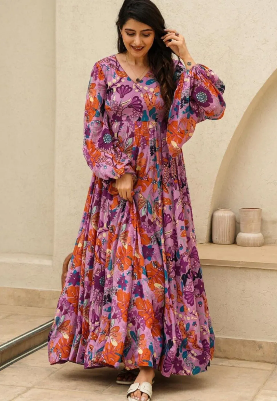 Digital Printed Rayon Gown in Purple
