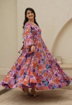 Digital Printed Rayon Gown in Purple
