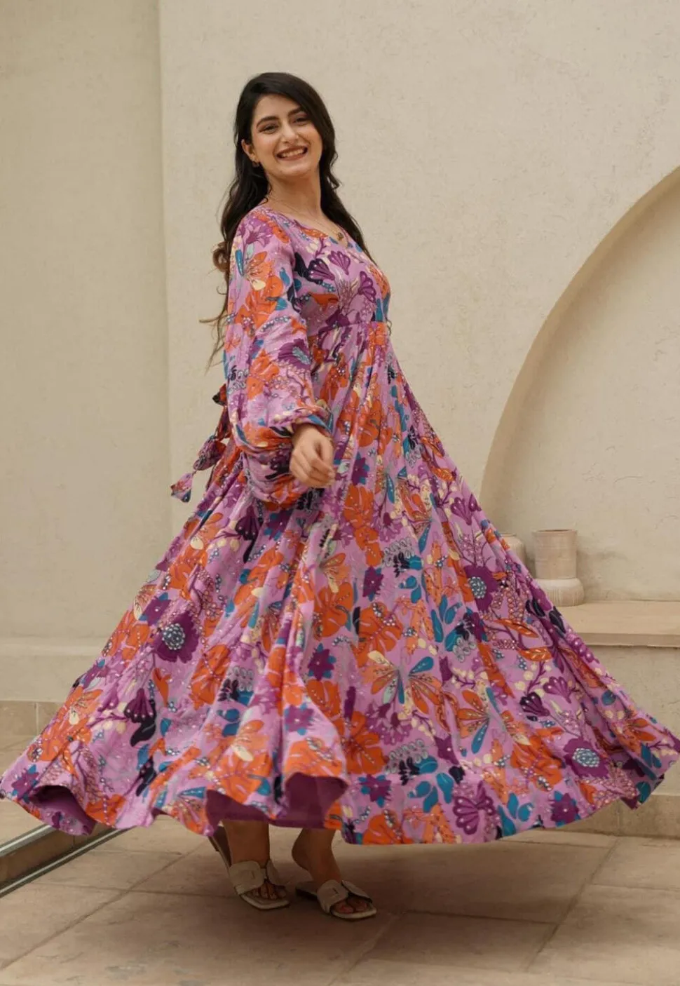 Digital Printed Rayon Gown in Purple