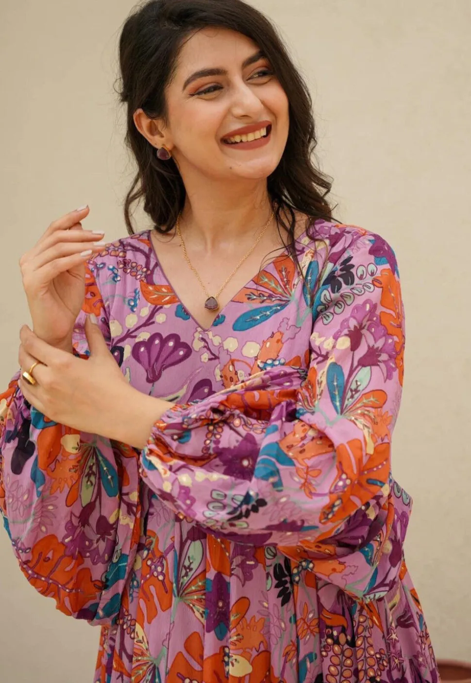 Digital Printed Rayon Gown in Purple