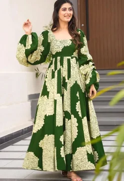 Digital Printed Rayon Gown in Green