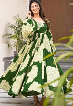 Digital Printed Rayon Gown in Green