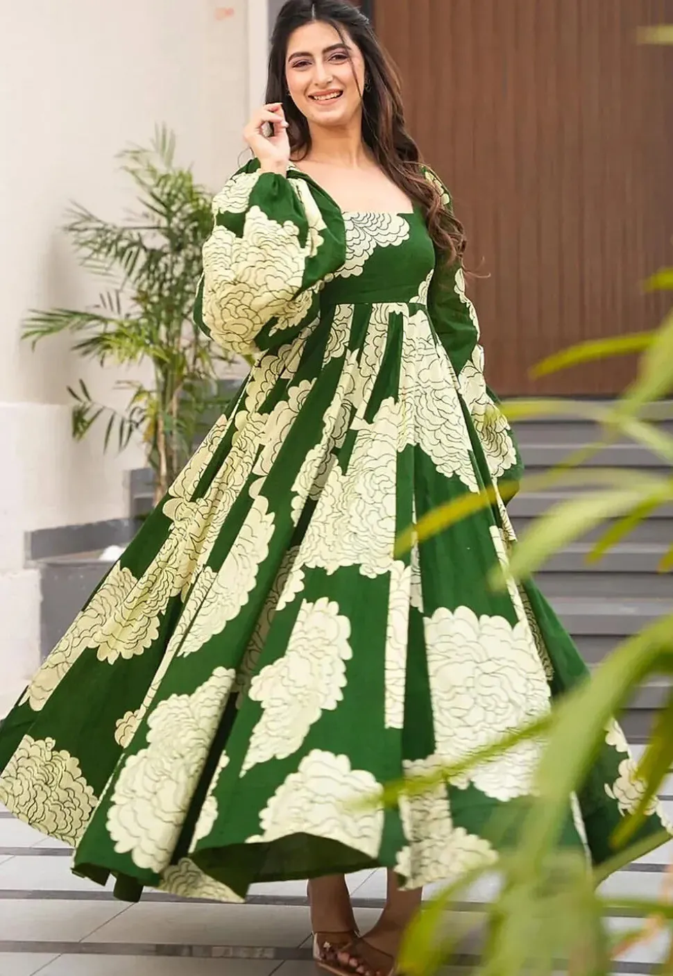 Digital Printed Rayon Gown in Green