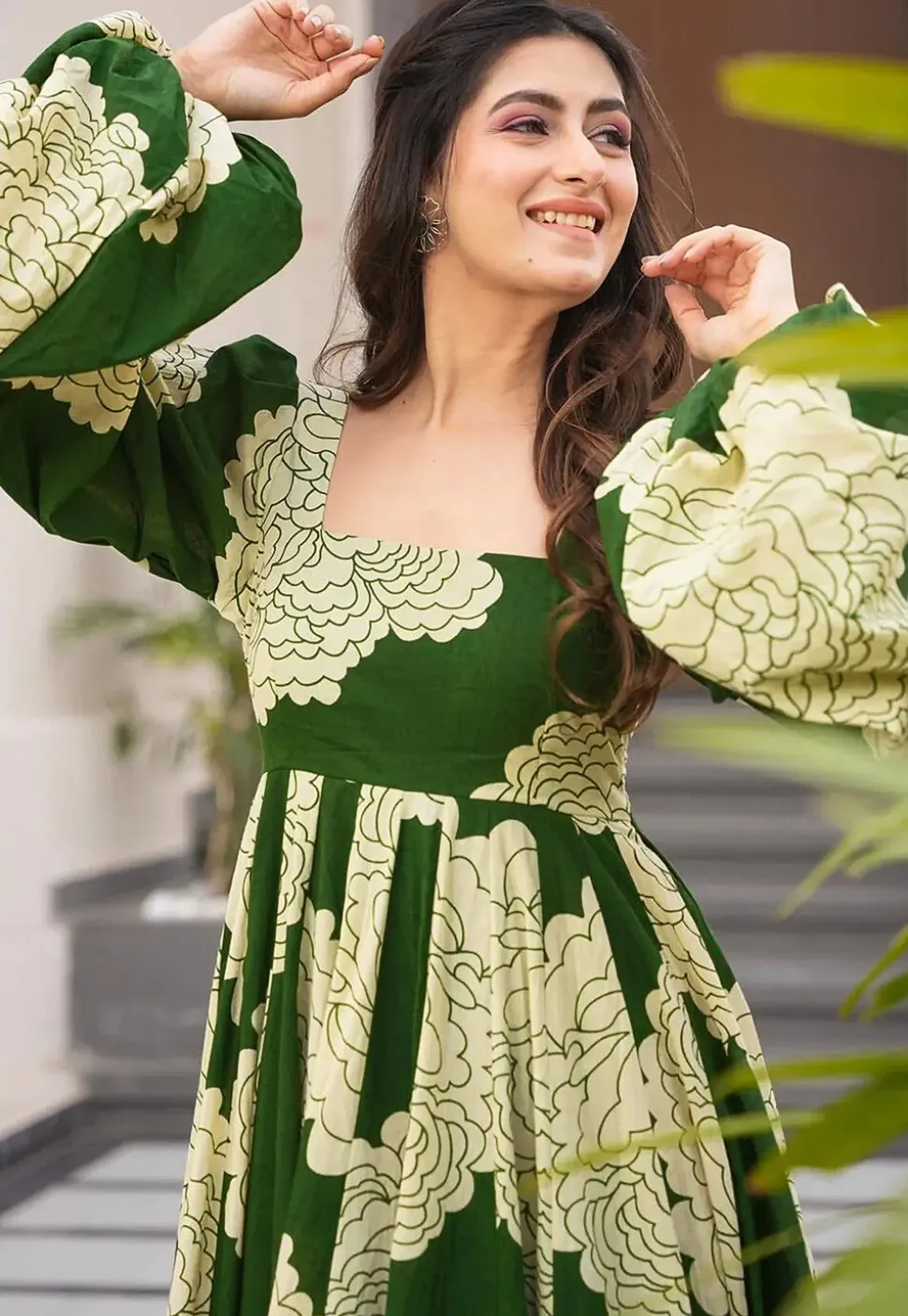 Digital Printed Rayon Gown in Green