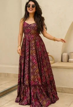 Digital Printed Rayon Gown in Wine