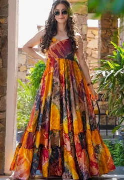Digital Printed Rayon Gown in Multicolor