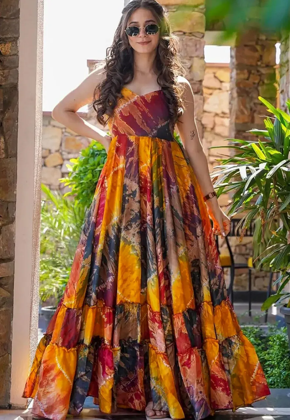 Digital Printed Rayon Gown in Multicolor