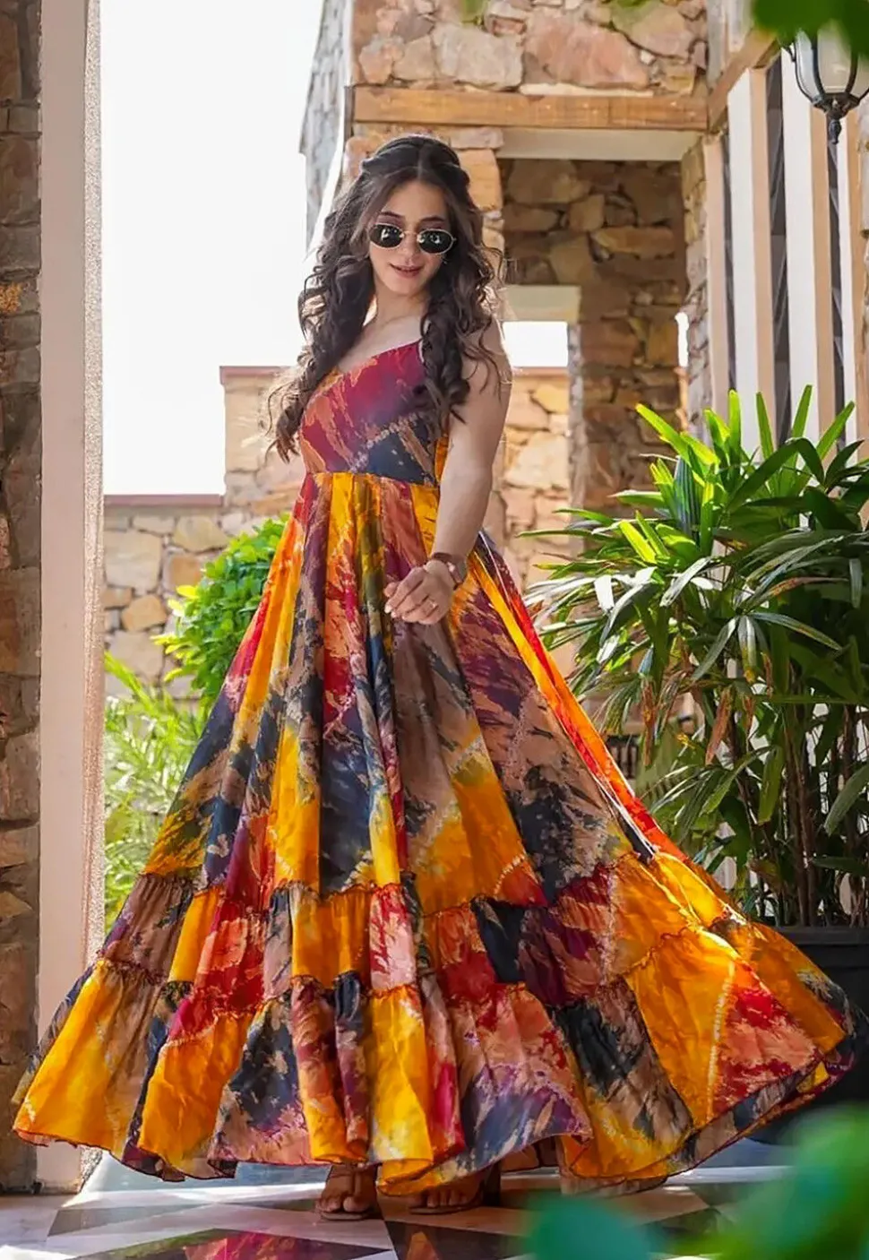 Digital Printed Rayon Gown in Multicolor