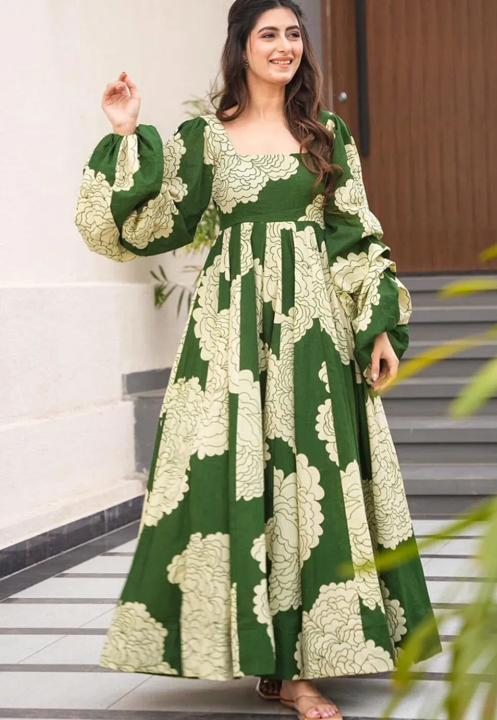 Digital Printed Rayon Gown in Green