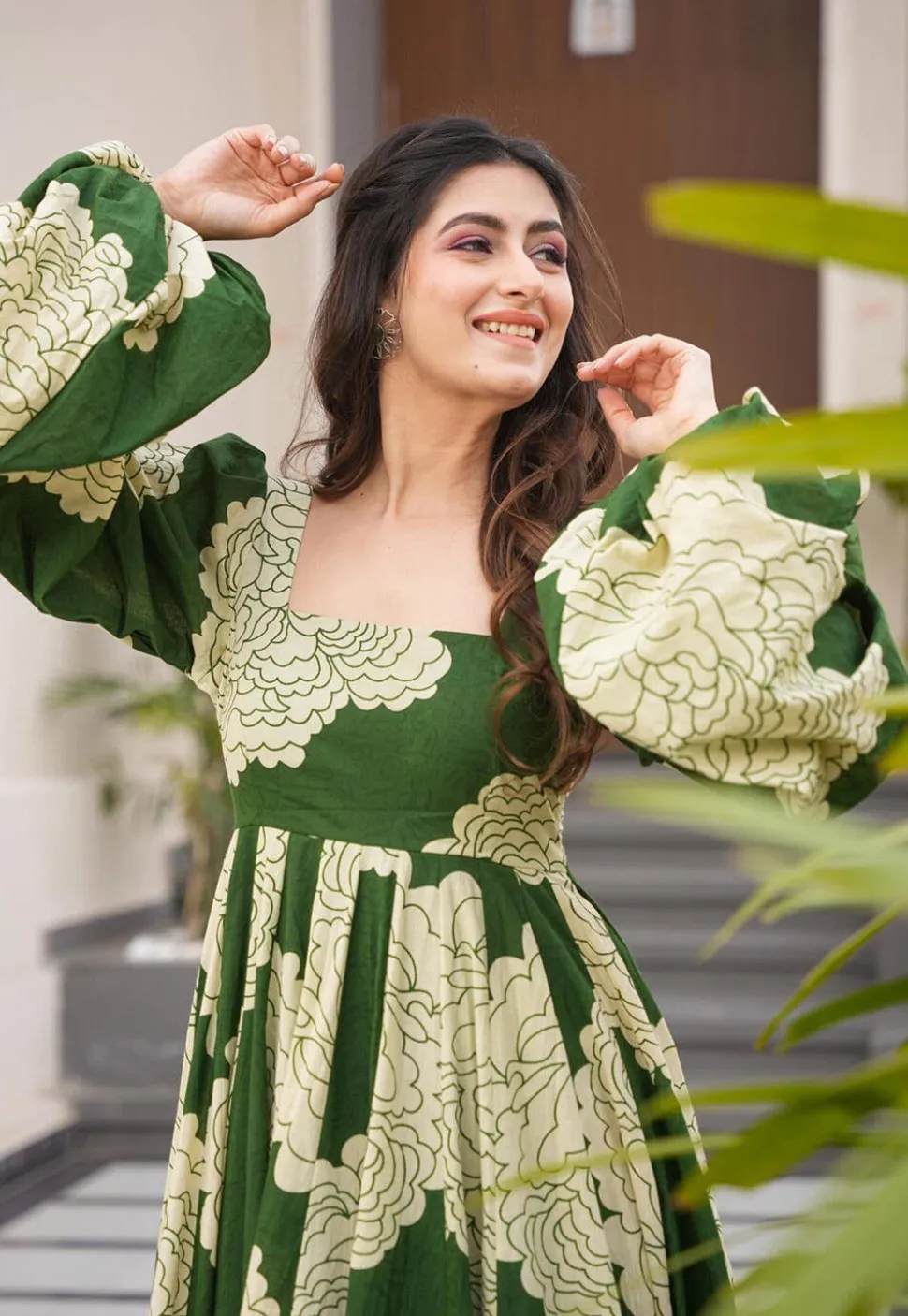 Digital Printed Rayon Gown in Green