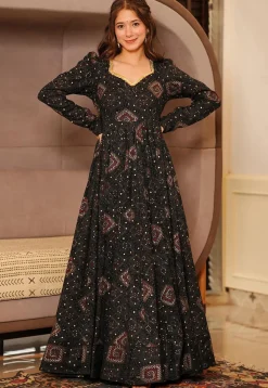 Digital Printed Rayon Gown in Black